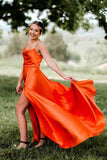 LTP1265, Cowl Neck Green Satin A-Line Formal Dress with Slit