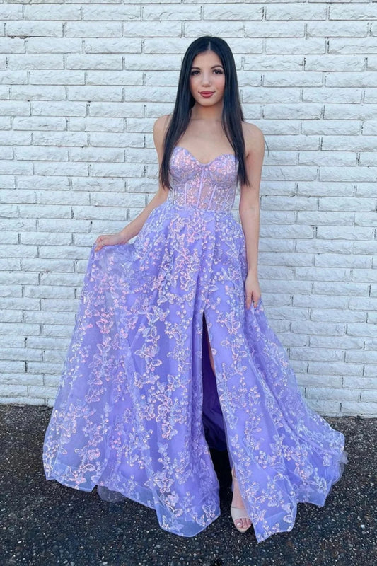 LTP1576,Sparkle Princess Lavender Bustier Puffy Sleeves Lace Long Prom Gown