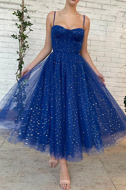 LTP1386,Spaghetti Straps Sweetheart Tea Length Blue Prom Dresses With Sequins