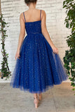 LTP1386,Spaghetti Straps Sweetheart Tea Length Blue Prom Dresses With Sequins