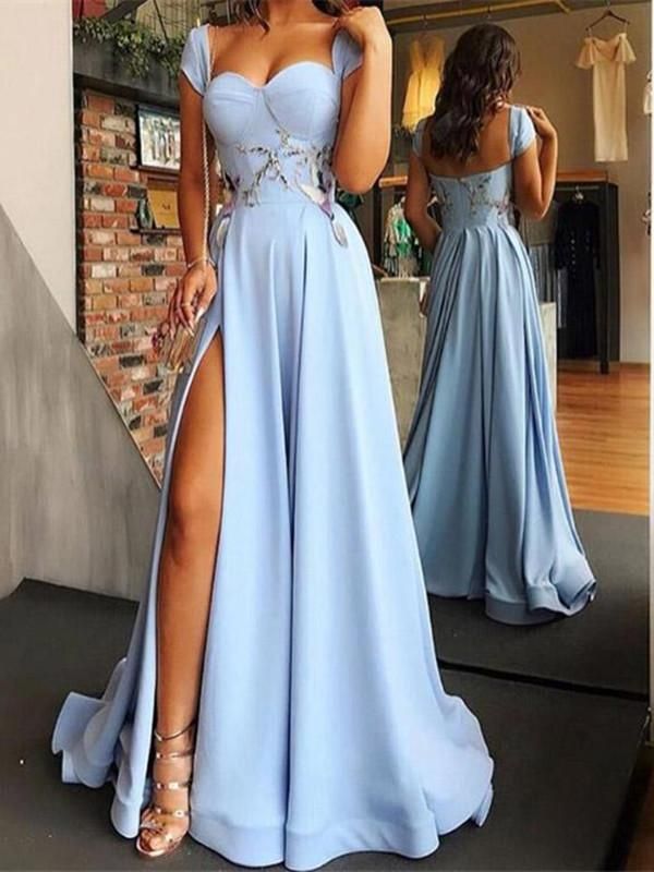 LTP0035,Cheap Blue Side Slit Long A Line Prom Dress with Cap Sleeves