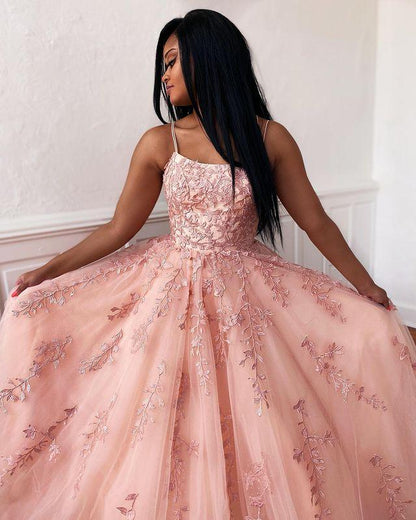 LTP0160,Chic Pink Long Prom Dresses Spaghetti Straps A-Line Applique Evening Dress