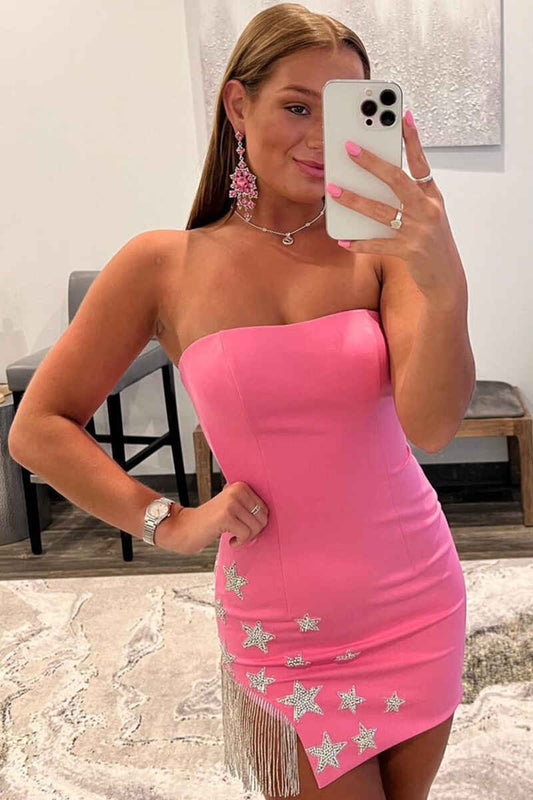 LTP1412,Strapless tight homecoming dresses with stars