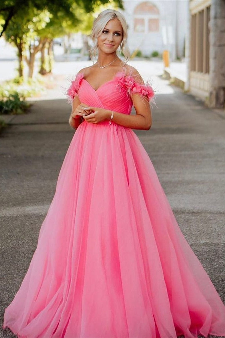 LTP0839,Pink evening dress off the shoulder prom dress 3D floral pleated prom dresses long formal gown