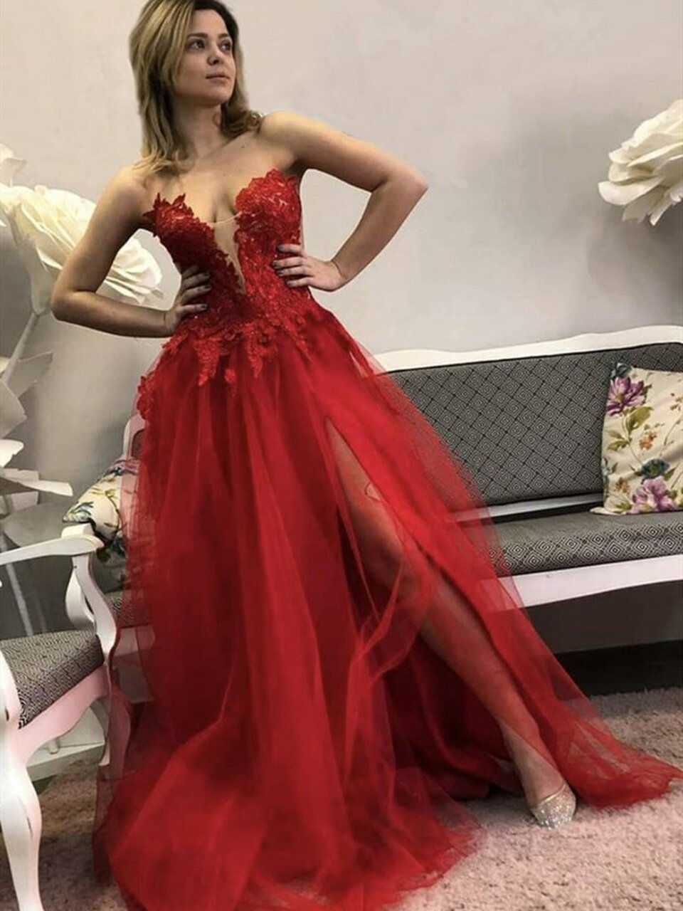 LTP0441,Red Lace Floral Long Prom Dress with Slit Red Lace Formal Dress Red Evening Dress