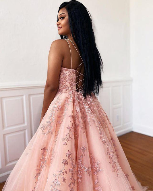 LTP0160,Chic Pink Long Prom Dresses Spaghetti Straps A-Line Applique Evening Dress