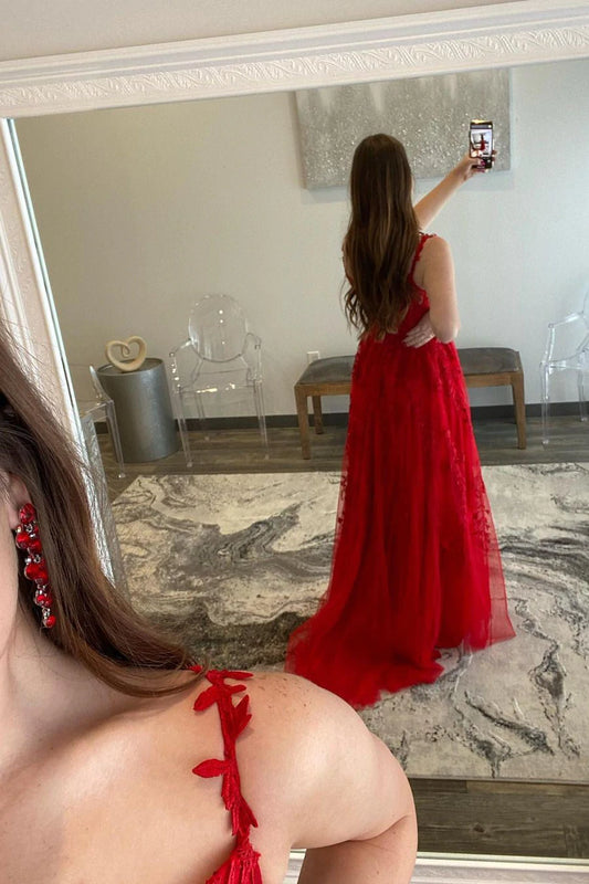 LTP0967,Elegant Red Appliqued Prom Dress with Sheer Lace Bodice