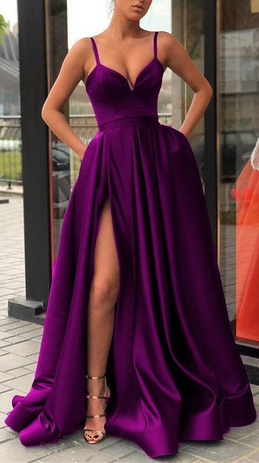 LTP0153, Discount Purple spaghetti straps V-neck long prom dress purple evening dress satin party dresses
