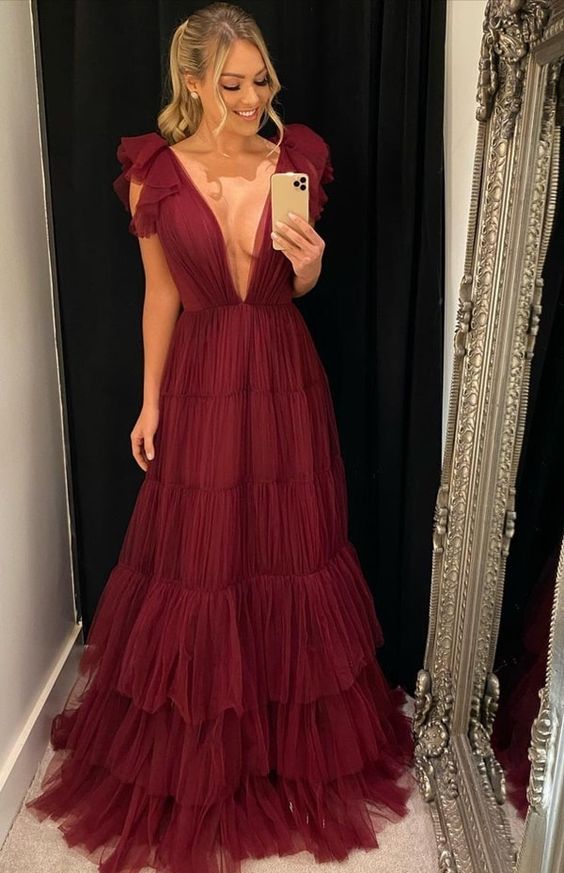 LTP1221,Vestido Burgundy Deep V-Neck Tulle A Line Prom Dresses