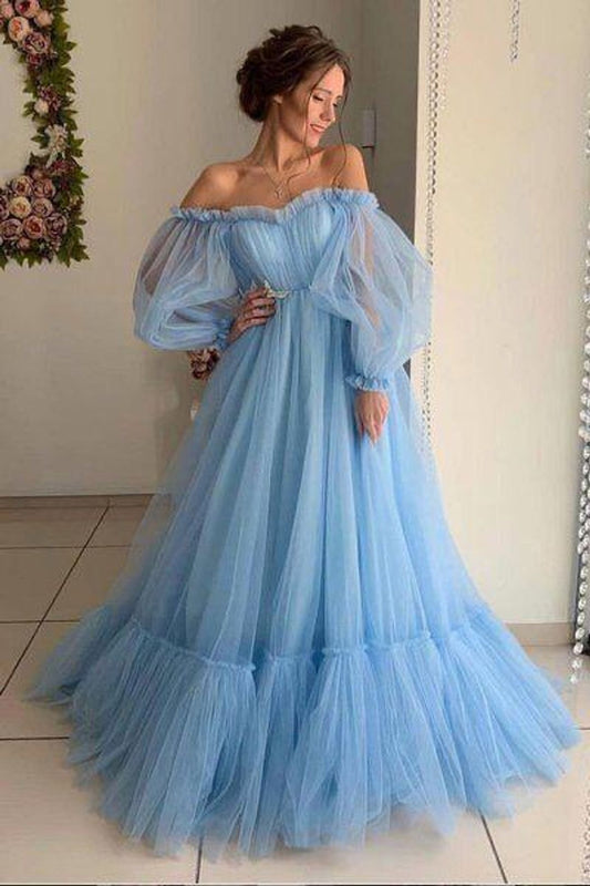 LTP1288,Light blue tulle long prom dresses,off the shoulder pink evening dress