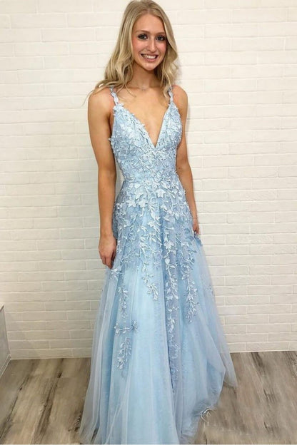 LTP0139,Light blue lace v neck sleeveless prom evening dresses