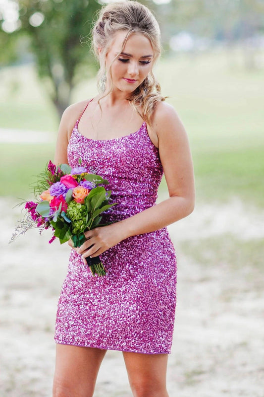 LTP1146,Neon Pink Sequin Lace-up Back Bodycon Mini Dress