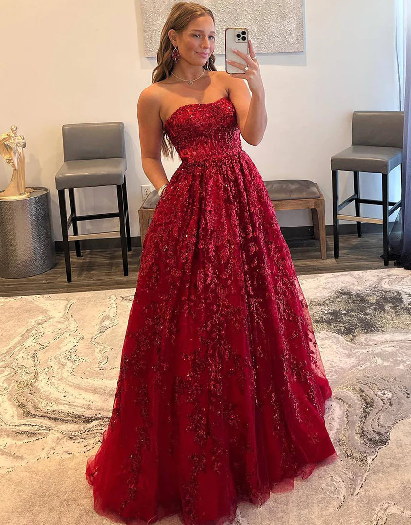 LTP1641,Luxury Red Lace Sequin Long Prom Evening Dresses,Full Length Party Gown