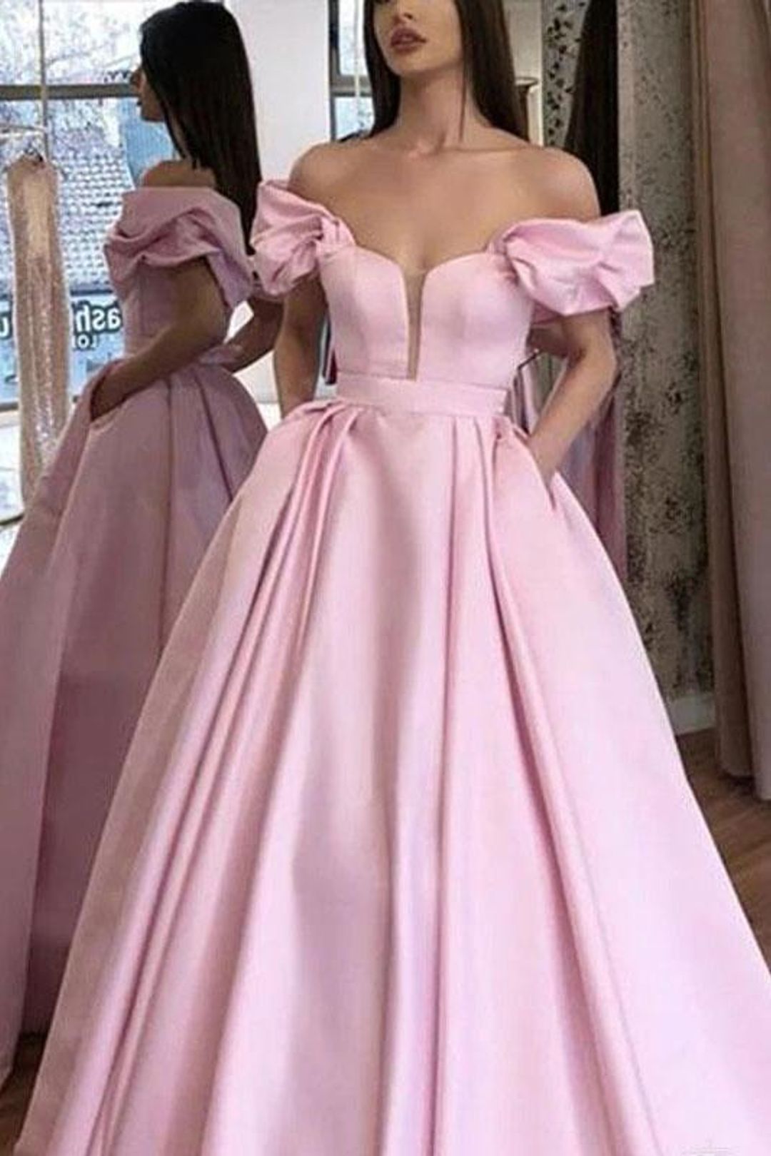 LTP1516,Pink Long Prom Evening Dresses,Off The Shoulder Prom Formal Gown