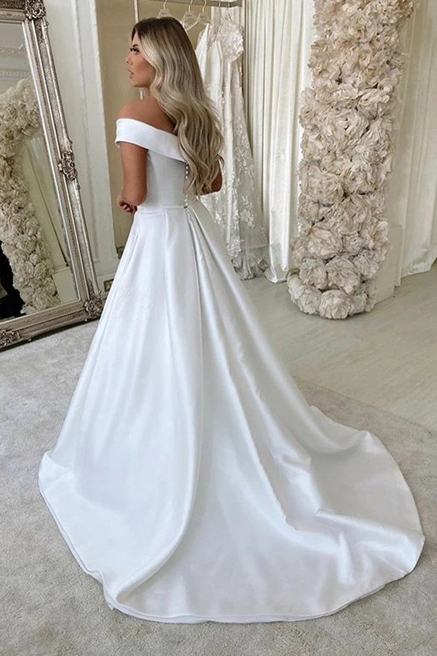 LTP1116,Charming white off the shoulder wedding dresses,a-line satin wedding gown bridal dress