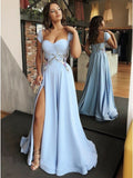 LTP1622,Sky Blue Satin Cap Sleeves Applique Split Long Evening Prom Dresses