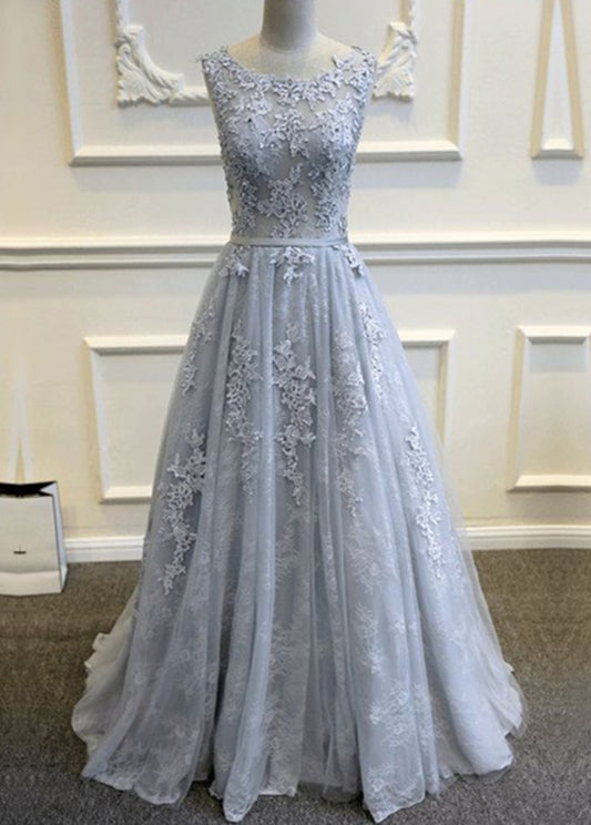 LTP1098,Grey lace v-back tulle prom dresses,long evening dress formal gown