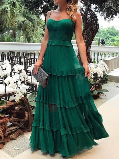 LTP0664,Elegant Fashion Maxi Dresses for Women Long Green Evening Dress Cascading Ruffle Formal Dress Bohemian Dress Suspender Dress