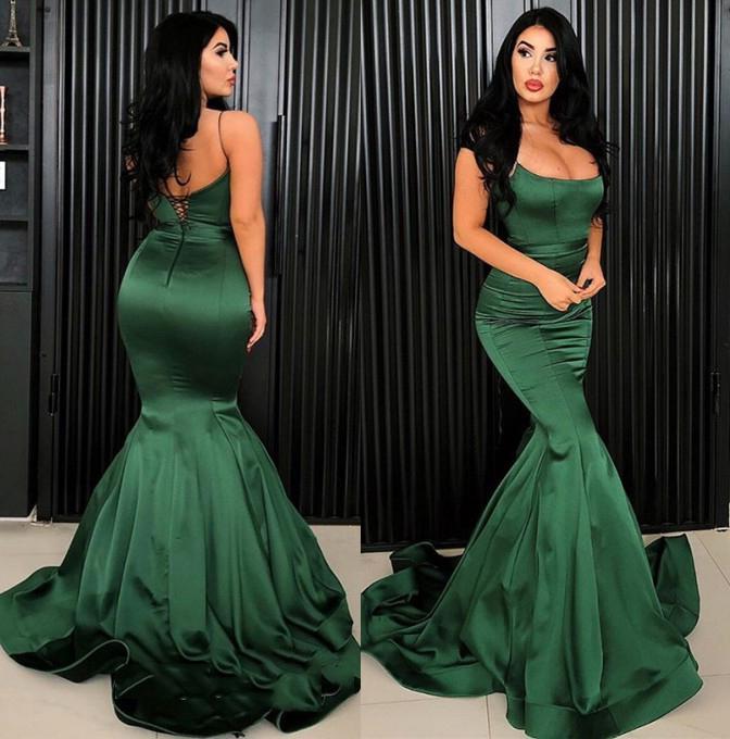 LTP0221,Sexy Mermaid Emerald Satin Lace Up Back Spaghetti Straps Long Prom Dresses