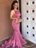 LTP0875,Pink Spaghetti Straps Mermaid Prom Dresses Satin Long Party Dress