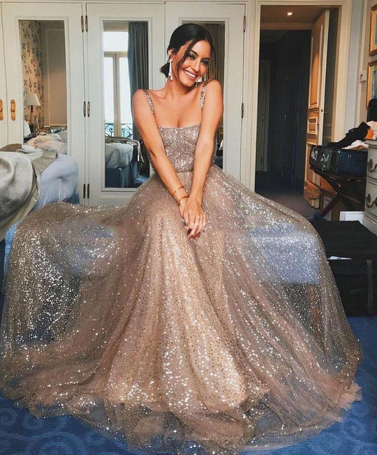 LTP0064,2022 Shiny A Line Sequence Long Prom Dresses With Straps