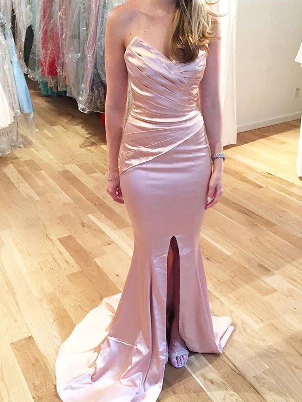 LTP1599,Sweet Pink Mermaid Pleated Prom Dresses,Side Slit Evening Party Dress