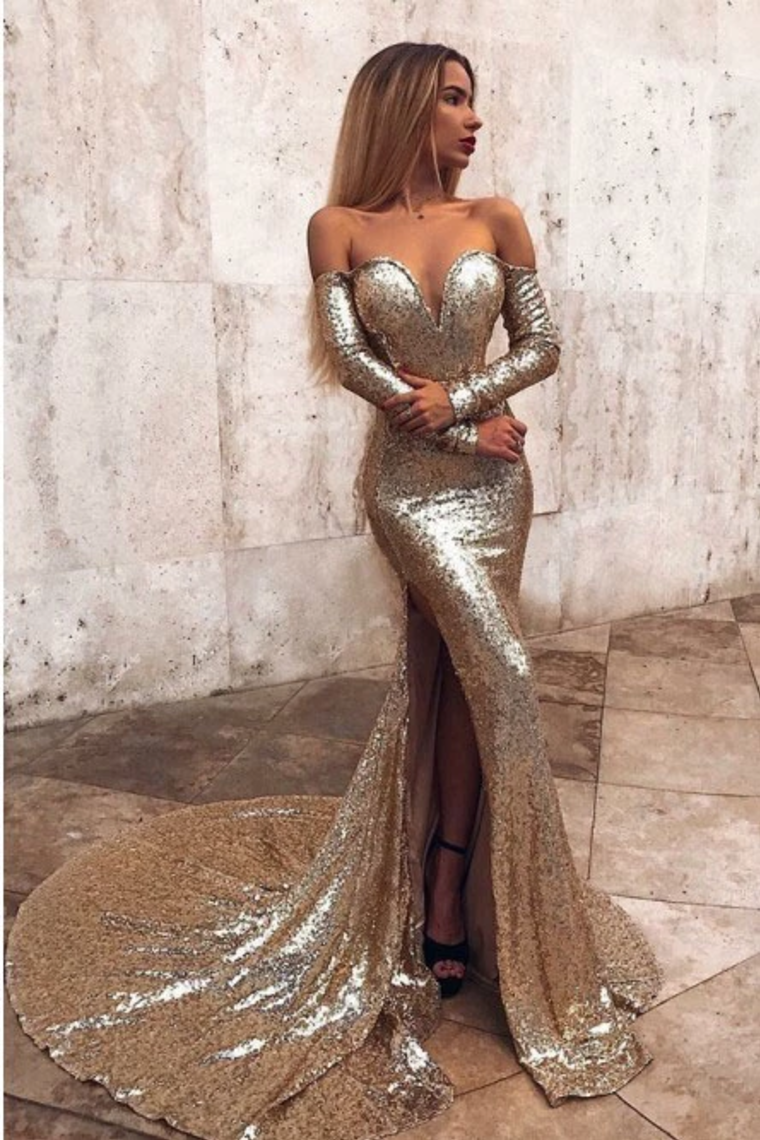 LTP0165,Sexy Gold Sequin Long Prom Dress Long Sleeves Evening Dresses – Laylatailor Shop