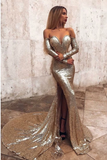 LTP0165,Sexy Gold Sequin Long Prom Dress Long Sleeves Evening Dresses Off The Shoulder Mermaid Split Party Formal Gown