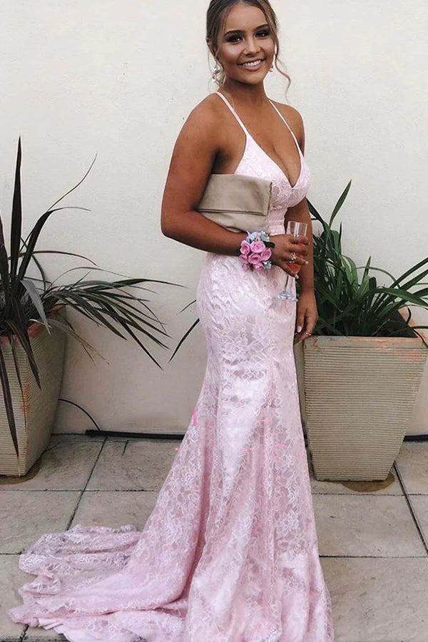 LTP1601,Light Pink Lace Mermaid Prom Evening Dresses With Cross Back