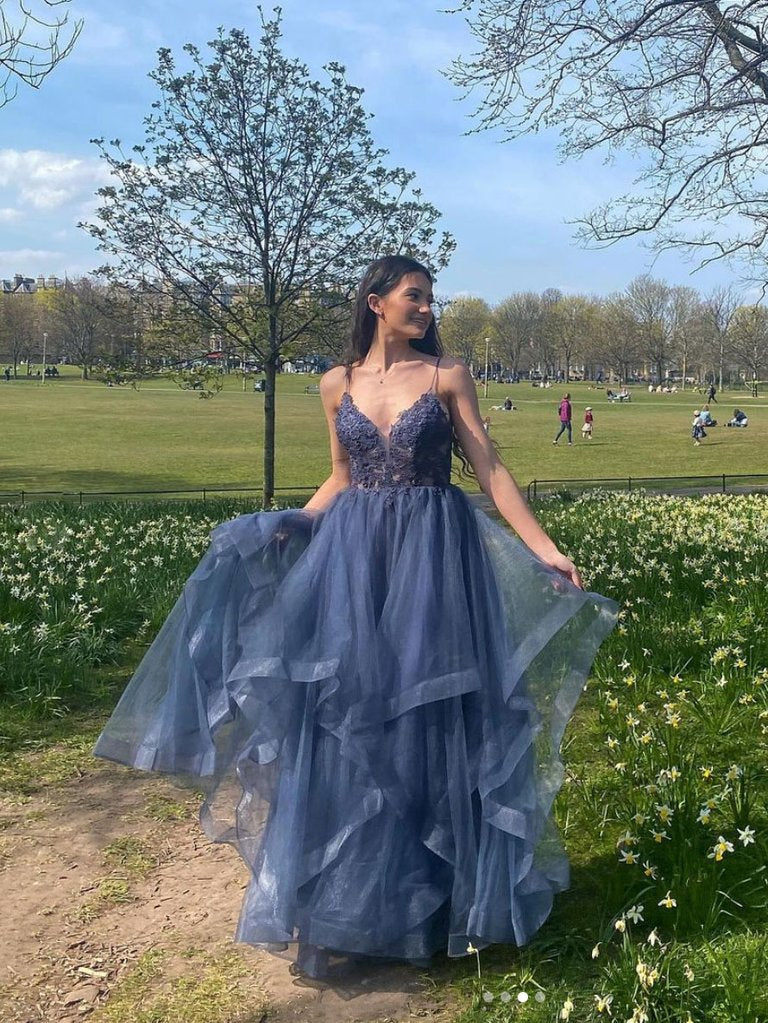 LTP1050,Gray blue v neck tulle lace long prom dress blue formal dress