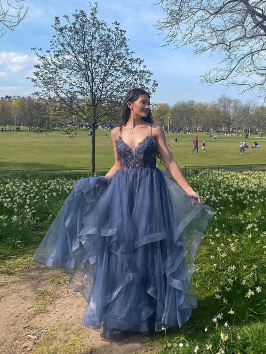 LTP1050,Gray blue v neck tulle lace long prom dress blue formal dress