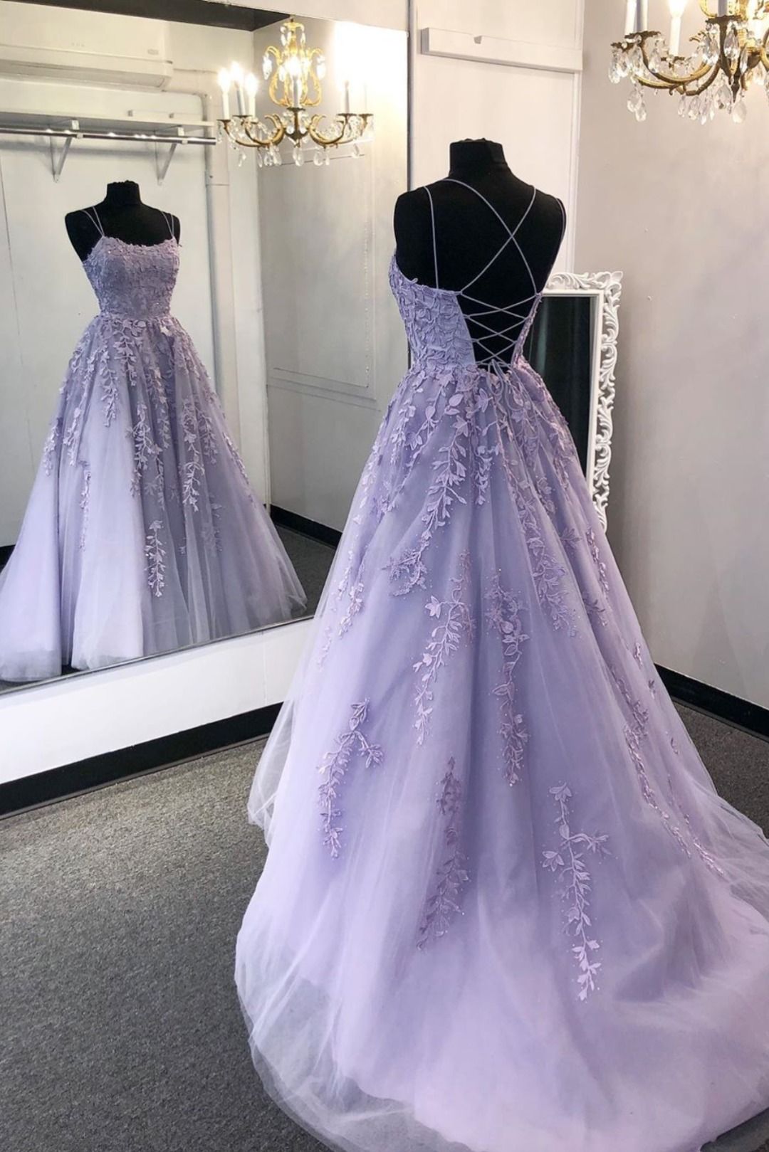 LTP0578,Lilac Prom Dresses Tulle Lace Prom Dress Cross Back Evening Dresses