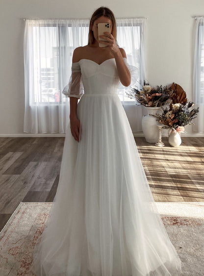 LTP1626,Off the shoulder tulle a-line pleated full length long wedding bridal dresses,white wedding gown long