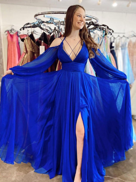 LTP1569,Blue chiffon a-line long prom evening dress blue party dress long formal gown