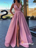 LTP0305,Pink Spaghetti Straps A-Line Prom Dresses Side Slit Evening Formal Gown