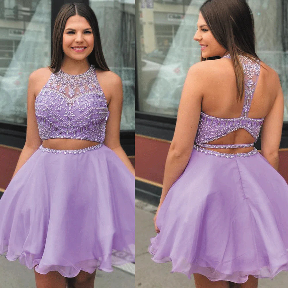 LTP1298,Lilac Homecoming Dresses,Two Pieces Cocktail Dress,Beading Organza Short Prom Dresses