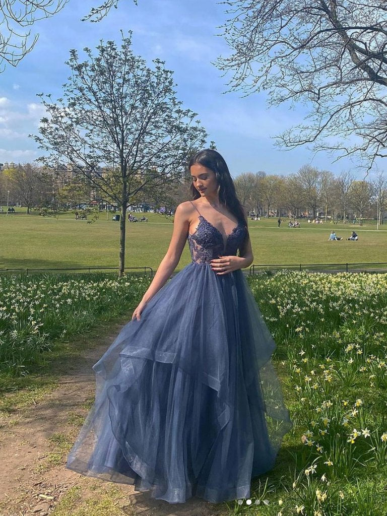 LTP1050,Gray blue v neck tulle lace long prom dress blue formal dress