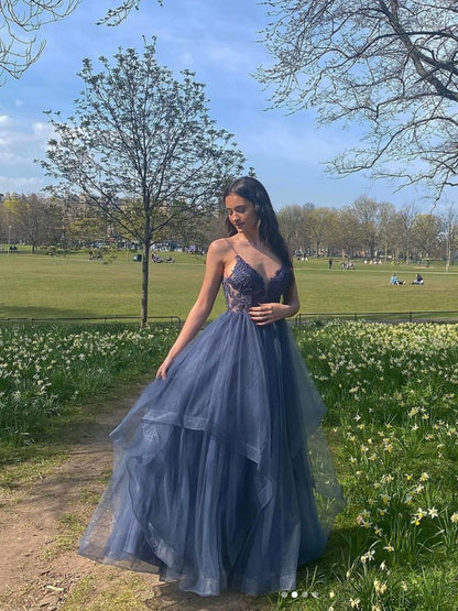 LTP1050,Gray blue v neck tulle lace long prom dress blue formal dress
