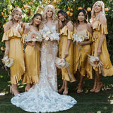 LTP1087,Spaghetti straps bridesmaid dresses lemon yellow v-neck bridesmaid dress with ruffle
