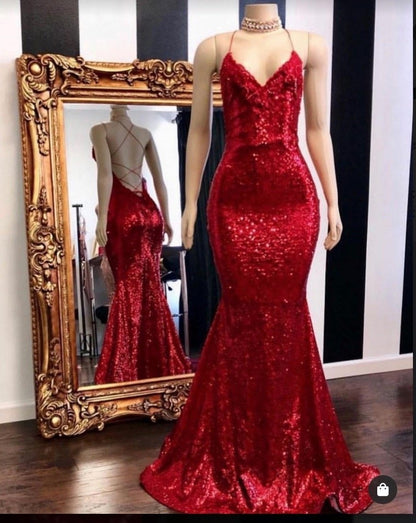 LTP0222,Sexy Halter Sequins Red Mermaid Prom Dresses Cross Back Glitter Long Evening Dress
