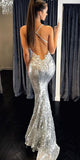 LTP0036,Sweetheart Sequence Sheath Halter Long Silver Prom Dresses With Open Back