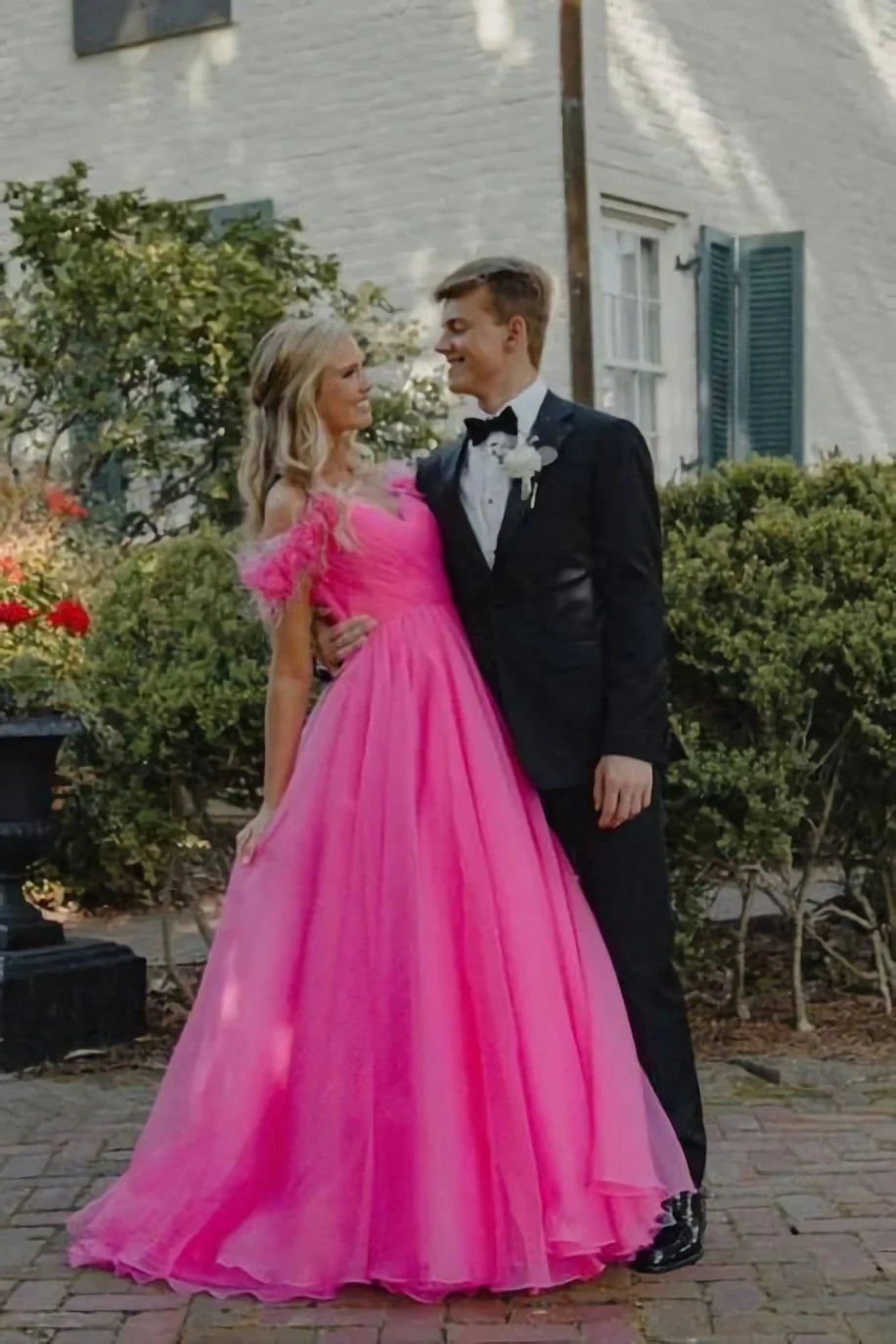LTP1719, Hot Pink Off The Shoulder A-Line Prom Dresses