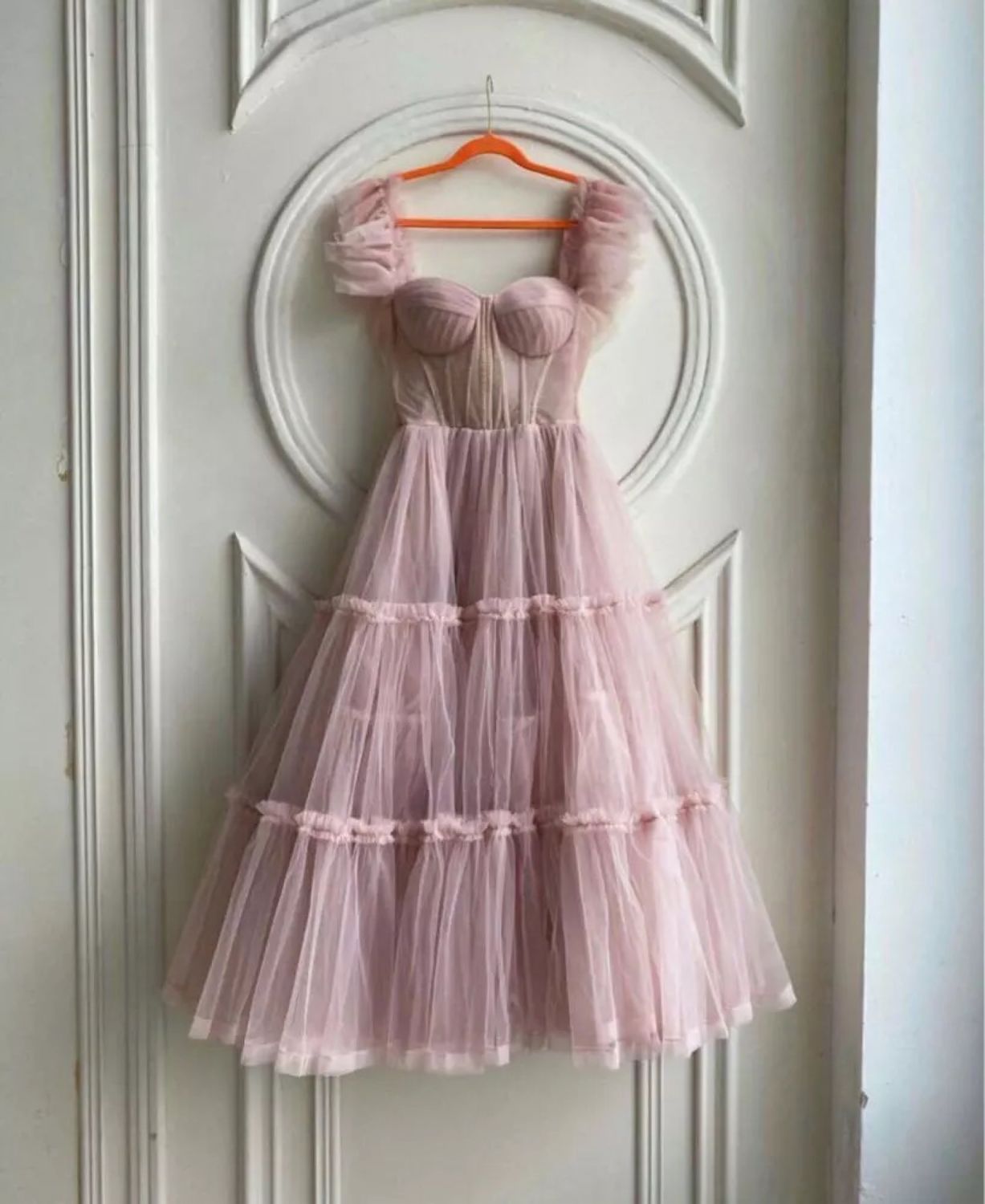 LTP1017,Dusty pink tulle prom dresses sweetheart tea length long evening formal gown