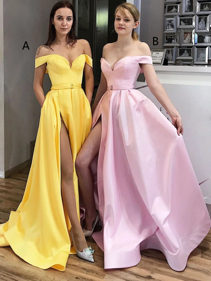 LTP0403,A-line prom dress off the shoulder yellow/pink evening dresses long party dress discount long dress split dresses