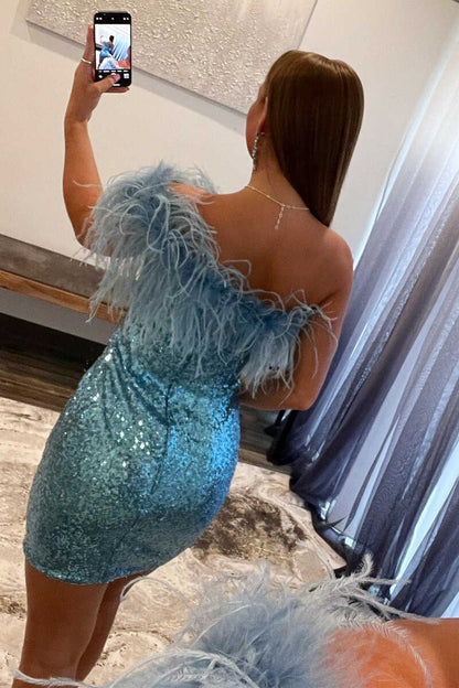 LTP1182,One-Shoulder Light Blue Sequins Feather Mini Homecoming Dress