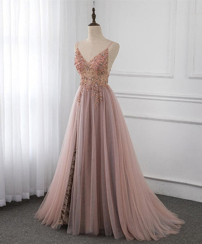LTP0196,Pink Beaded Prom Dresses Tulle Split Evening Dresses Spaghetti Straps Long Formal Dress