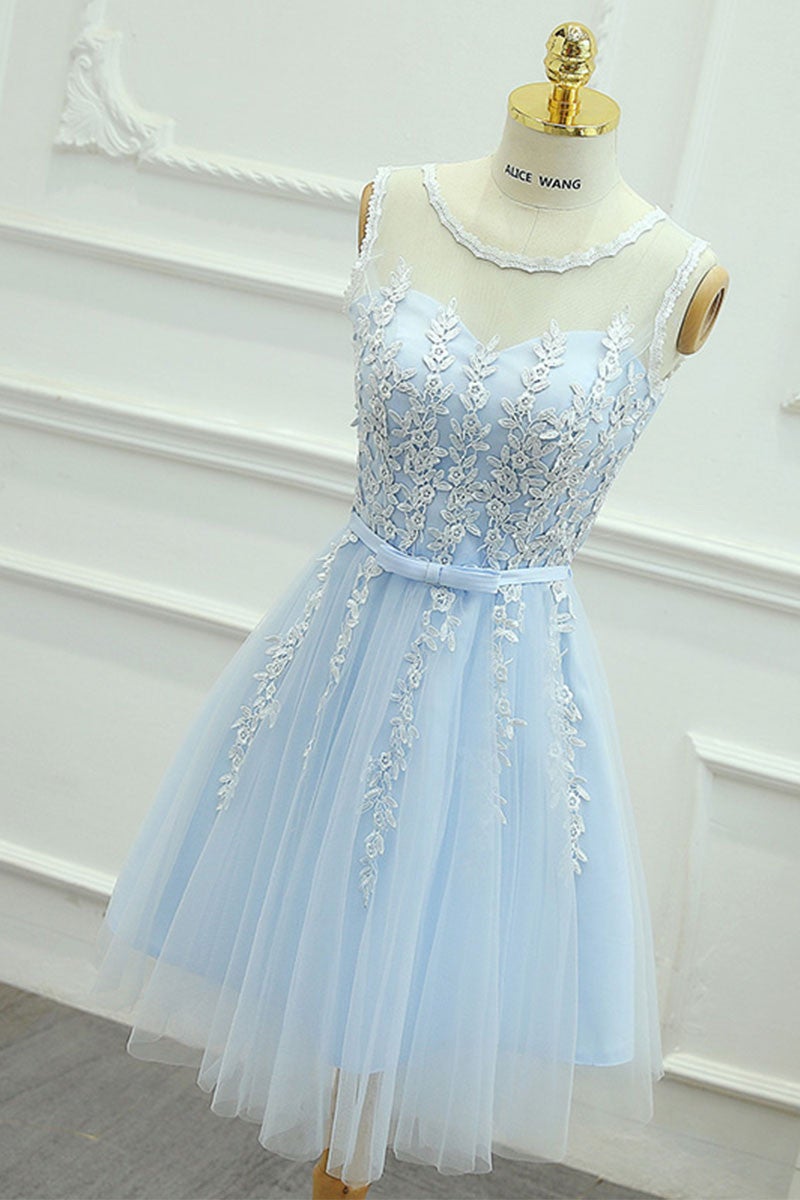 LTP0622,Light blue lace homecoming dresses tulle mini prom dress