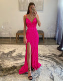 LTP0906,Glitter hot pink sequin prom dresses long v-neck long evening party gown
