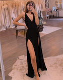 LTP0932,Sexy black v-neck prom dress side slit evening dresses sexy prom dresses