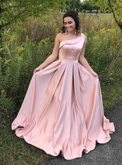 LTP0350,One shoulder pink long prom dresses satin a line floor length evening gown
